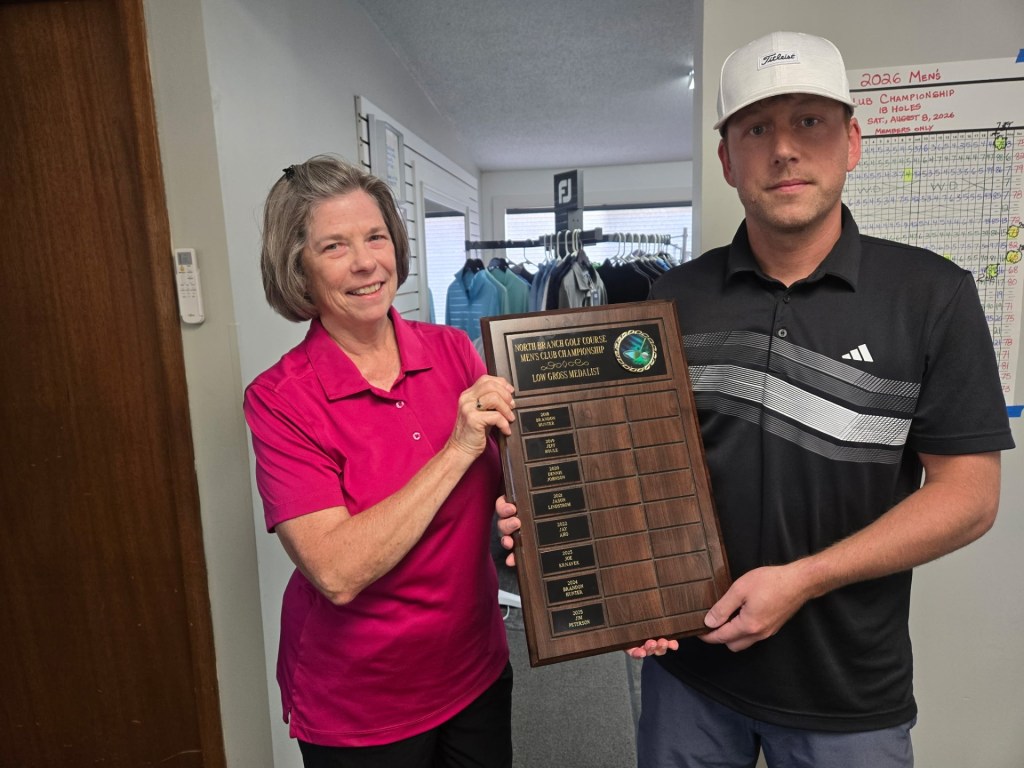 2026 Men's Club Championship: Curt Peltier Kristi McNamara presents the Club Championship Plaque to Curt after achieving Low Gross with a score of 78